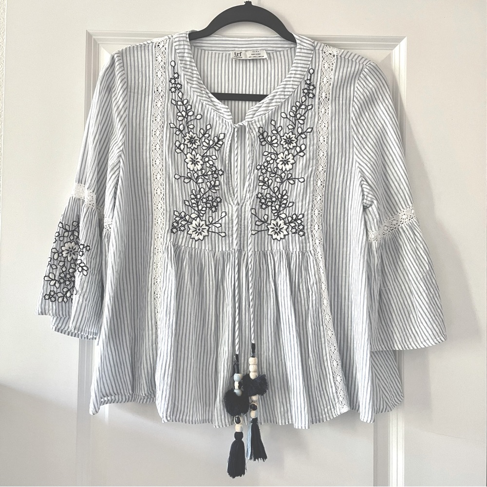 Zara Blue/ White Striped Top with Floral Embroidery
